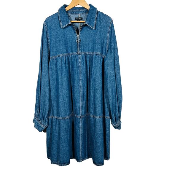 Topshop CHambray Apron Dress Empire Waist Blue Zip Front Casual Midi - 12 - Picture 1 of 5